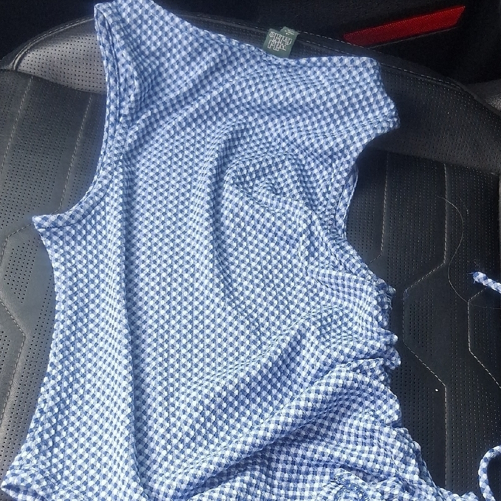 Wild Fable Blue Gingham Checkered Ruched Side Tie Tank Top XS NWT - Picture 3 of 7